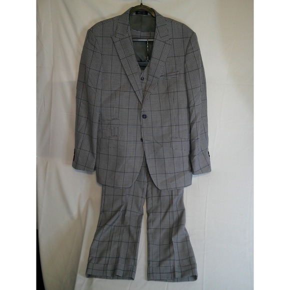 Tiglio Luxe Men's Blue/White/Gray Plaid 3 Piece Wool Suit Barbera 42R Pants 36R - Picture 1 of 6